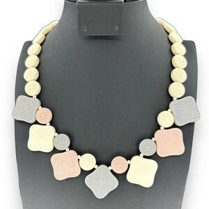 Vintage Pastel Textured Plastic Beaded Necklace Geometric 17”